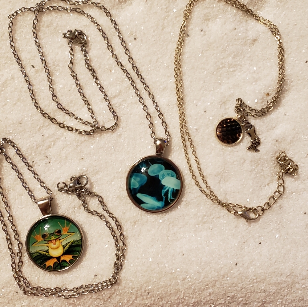 Set of 3 Water Themed Necklaces, Jellyfish, Frog